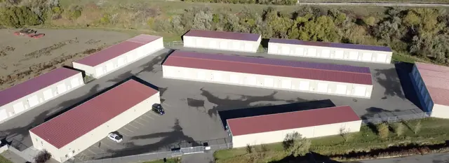Aerial view of SYT Storage's enclosed RV and boat storage buildings in Billings, MT